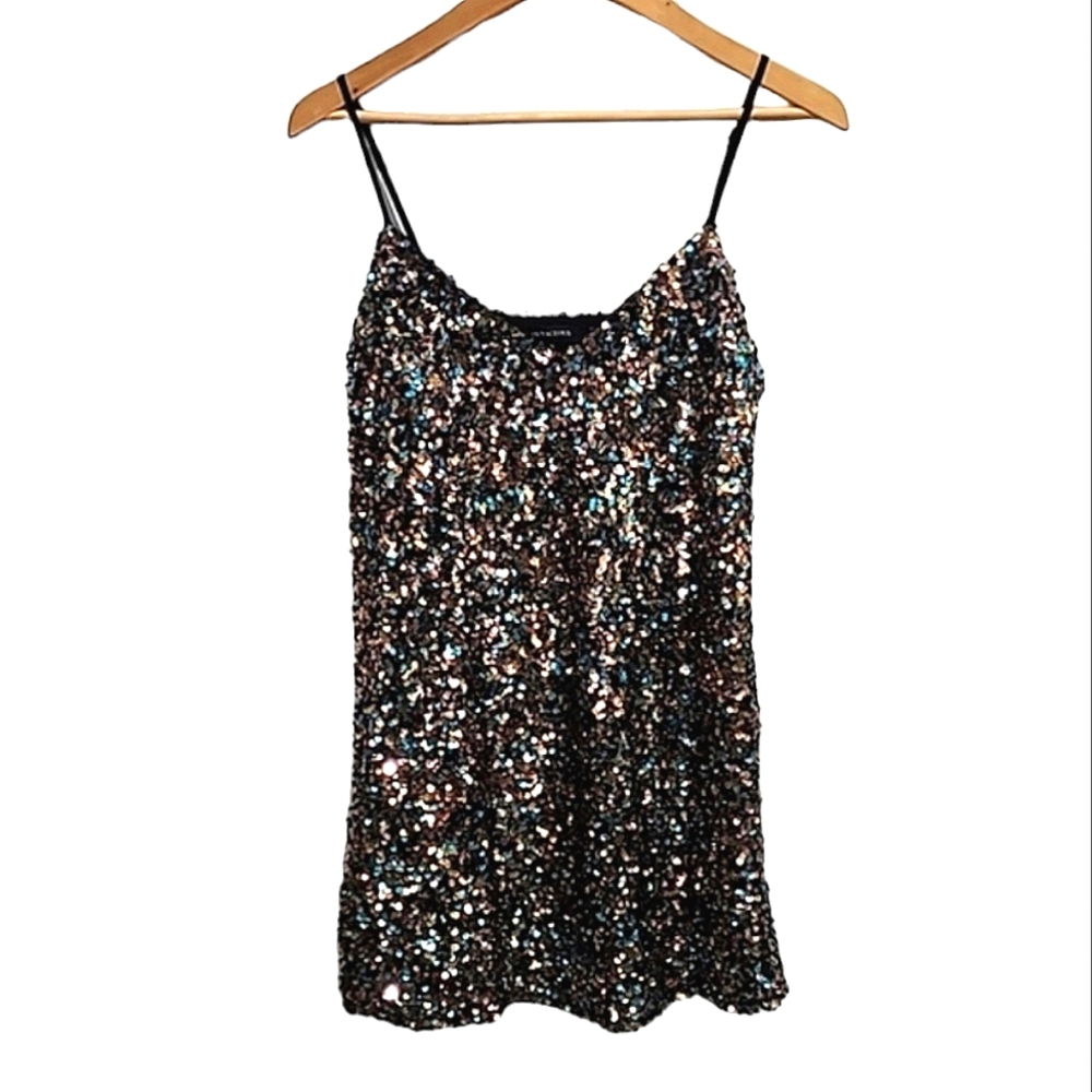 Olivaceous colorful blue, green, pink, gold sequin dress size s